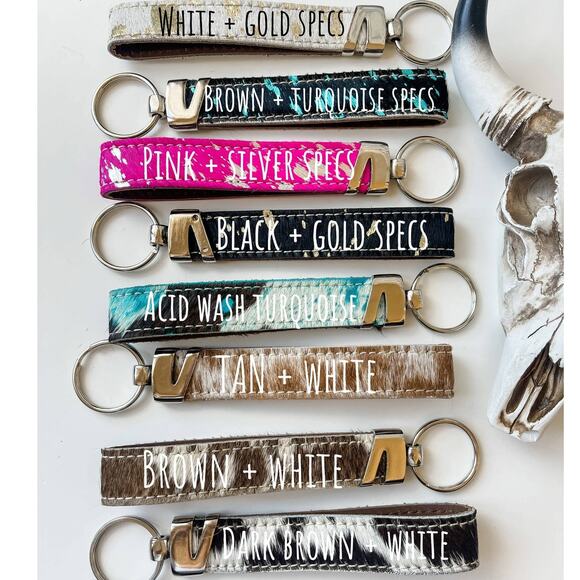 Western Hair On Cowhide Wristlet Keychain Brown with Turquoise Specks - Picture 2 of 5